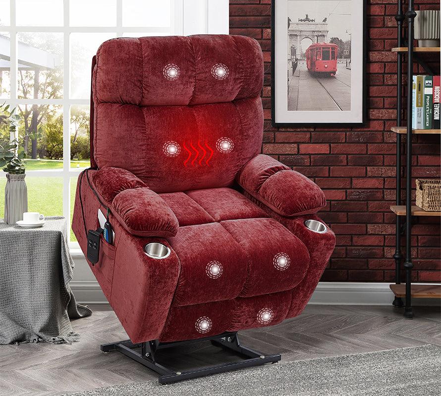 Dual OKIN Motor Power Lift Recliner Chair with Infinite Positioning Full Body Vibration and Cup Holders Red FredCo