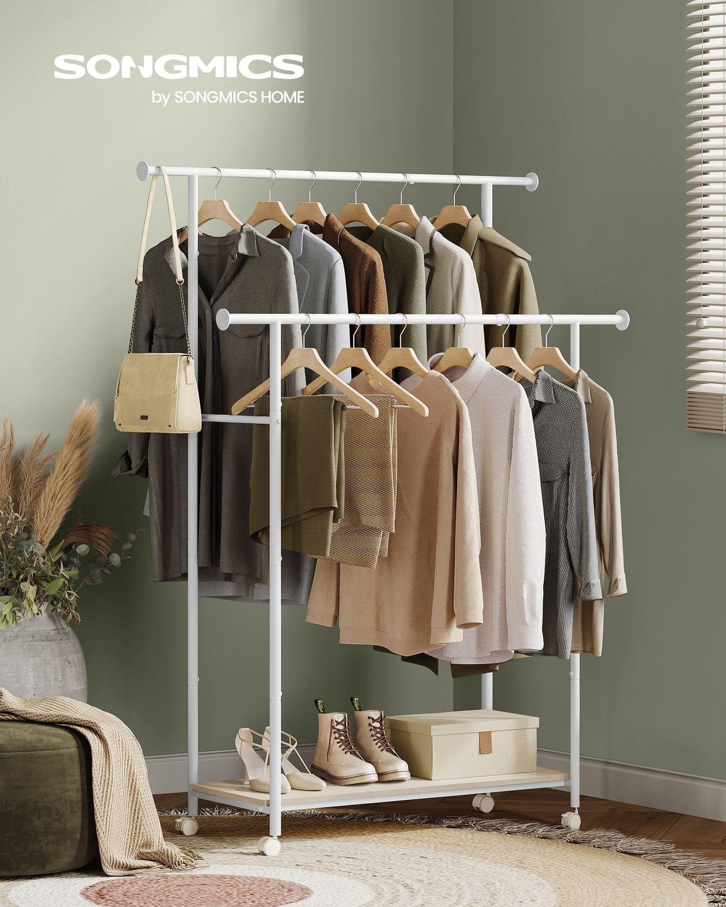 Double-Rod Clothes Rack with Wheels Natural Beige and Cloud White FredCo