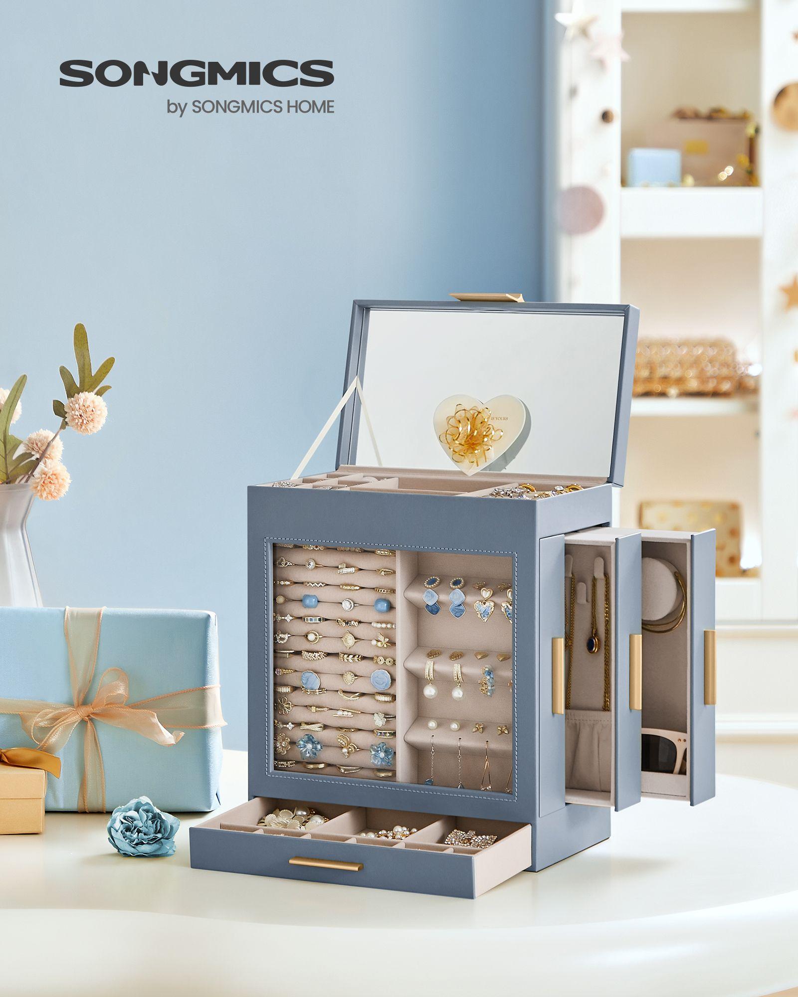 5-Layer Jewelry Organizer with 3-Side Drawers with Big Mirror, Cloud White  and Metallic Gold