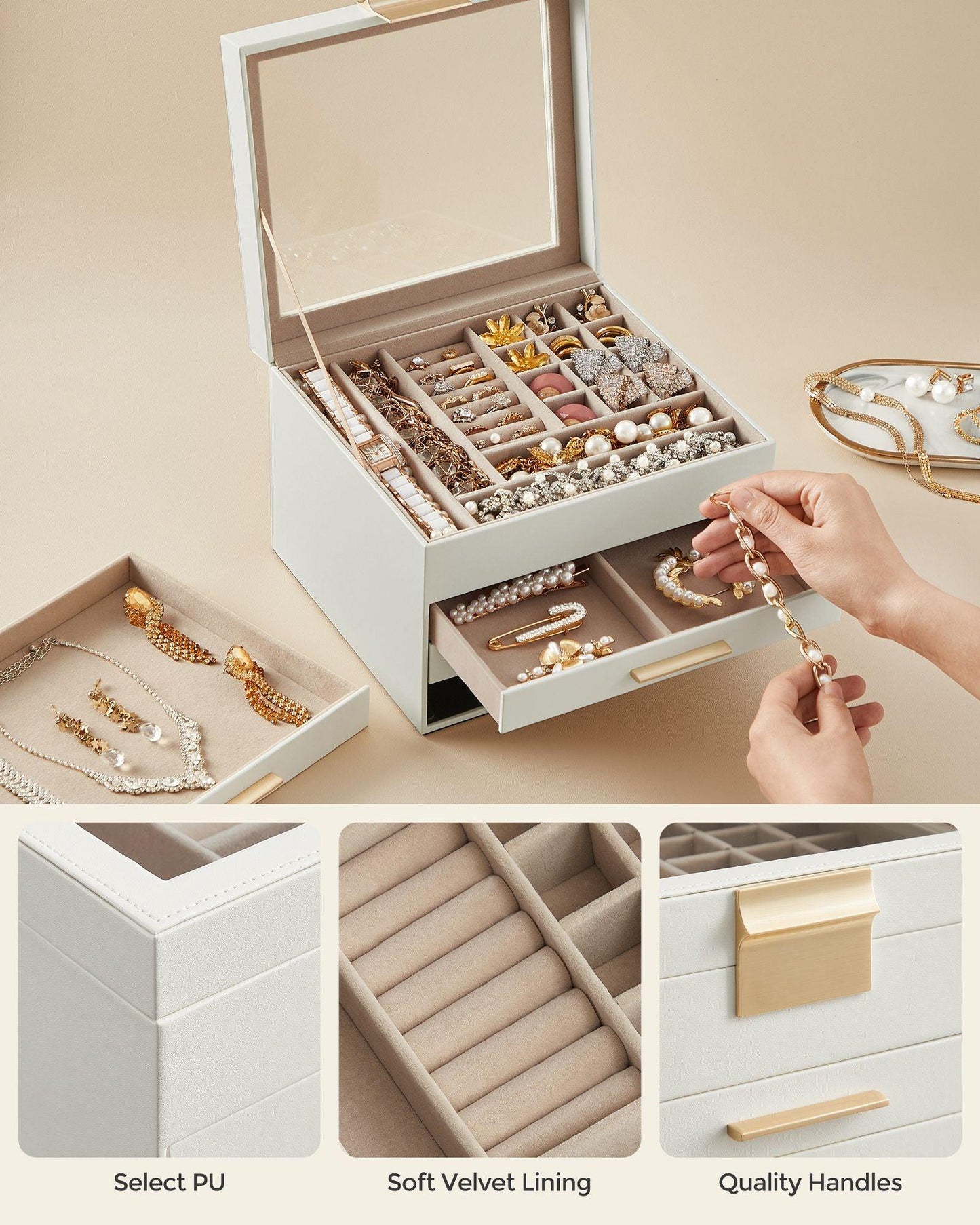 ewelry Box with Glass Lid, 4-Layer Jewelry Organizer, 3 Drawers, for Big and Small Jewelry FredCo