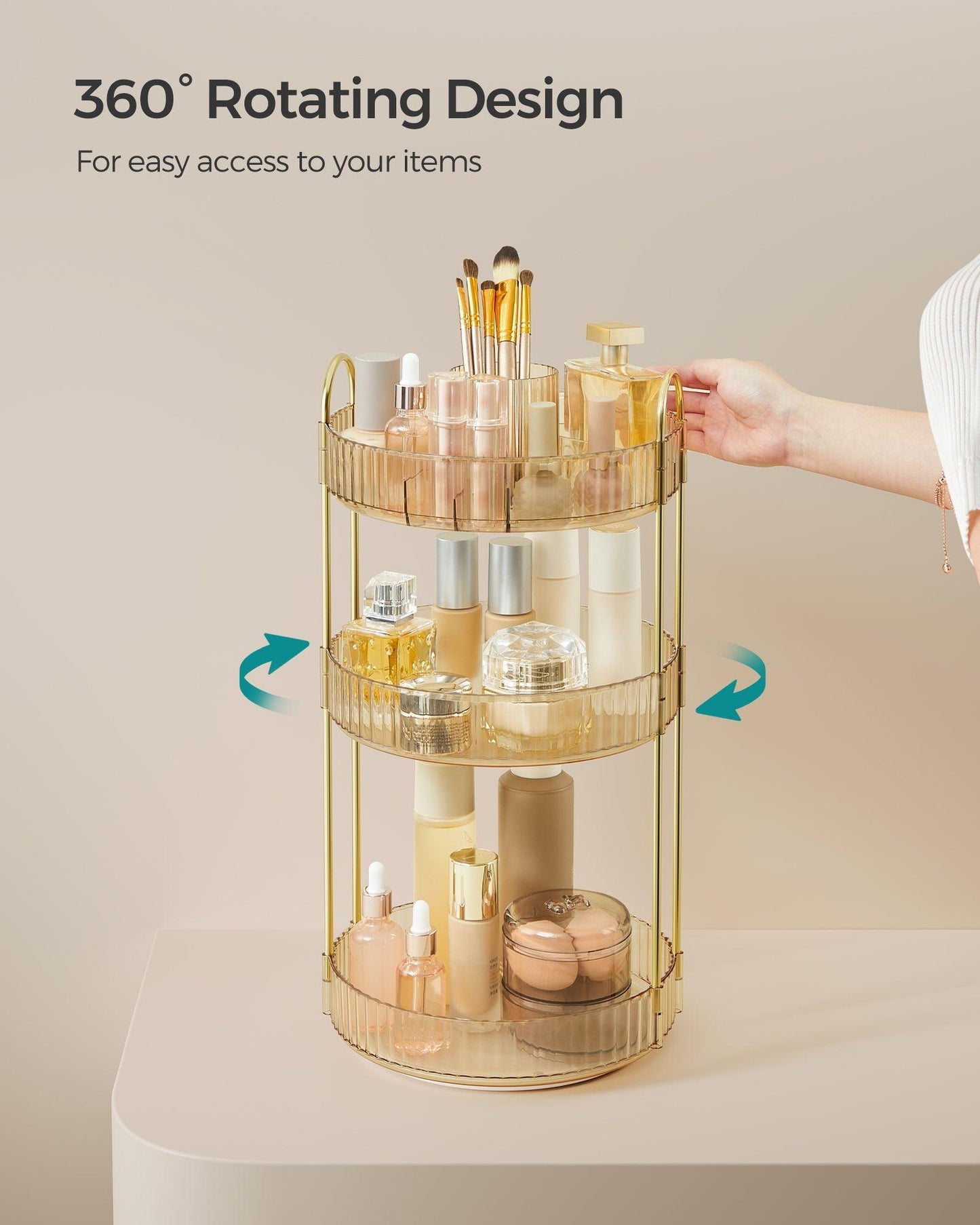 3-Tier Rotating Makeup Organizer Champagne Gold FredCo