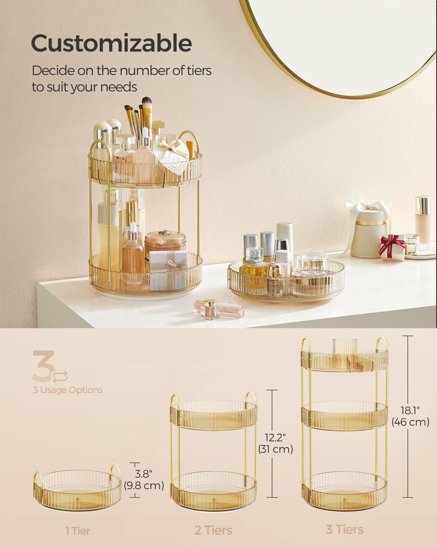 3-Tier Rotating Makeup Organizer Champagne Gold FredCo