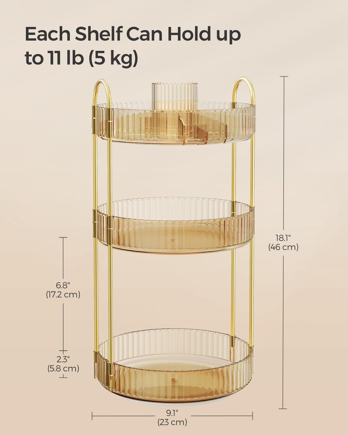 3-Tier Rotating Makeup Organizer Champagne Gold FredCo