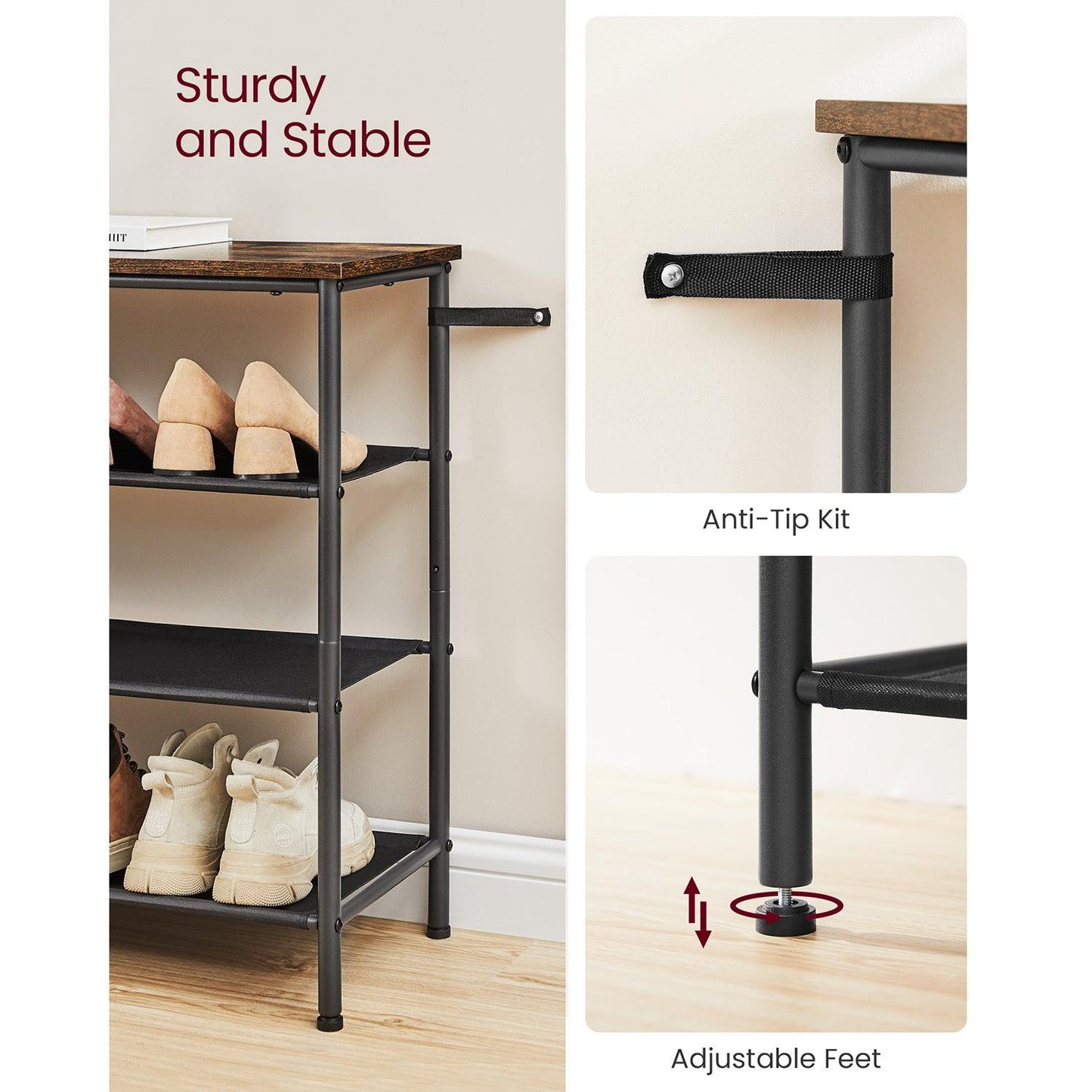 4-Tier Shoe Rack with 3 Fabric Shelves FredCo