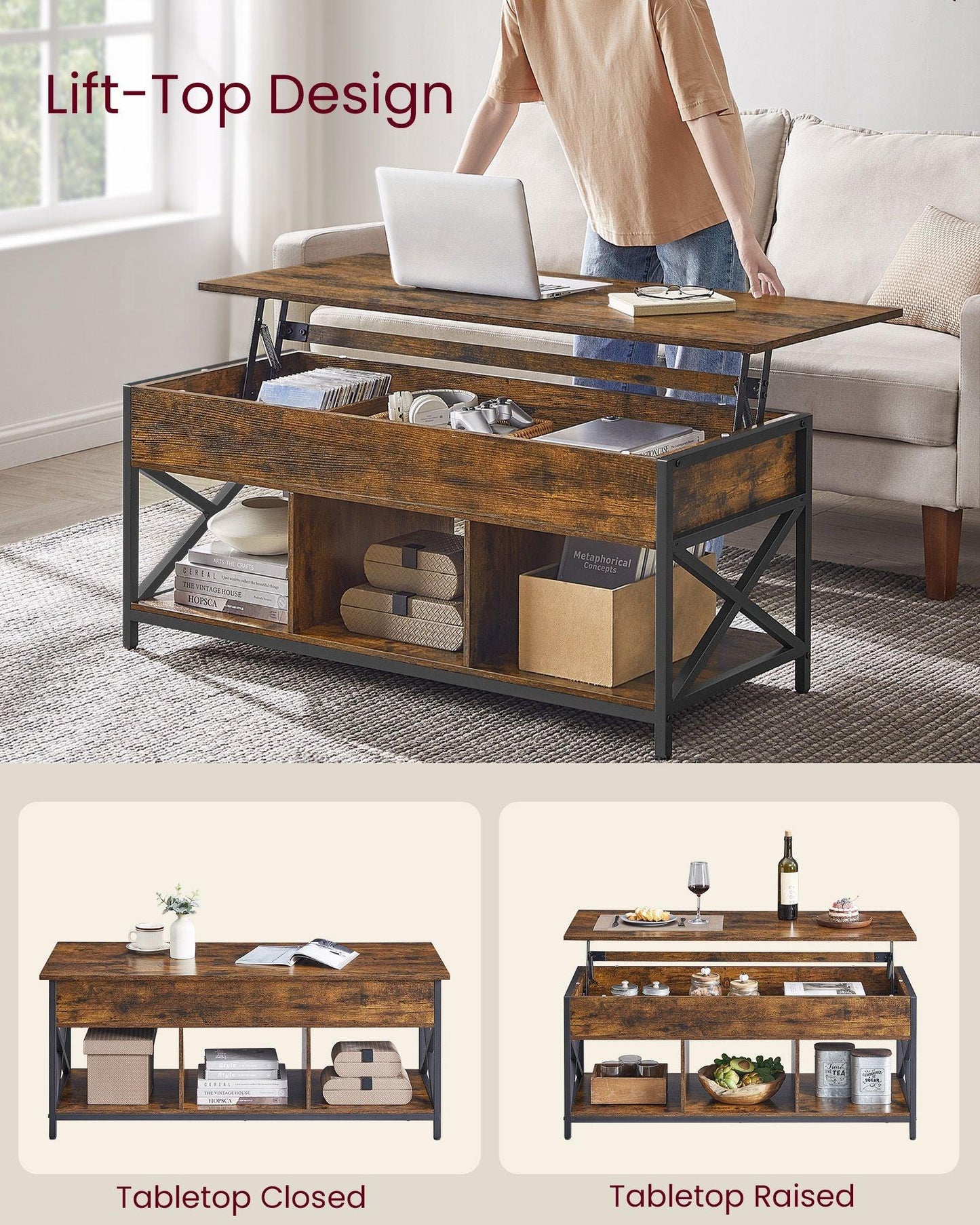 Lift Top Coffee Table with Storage Shelf FredCo