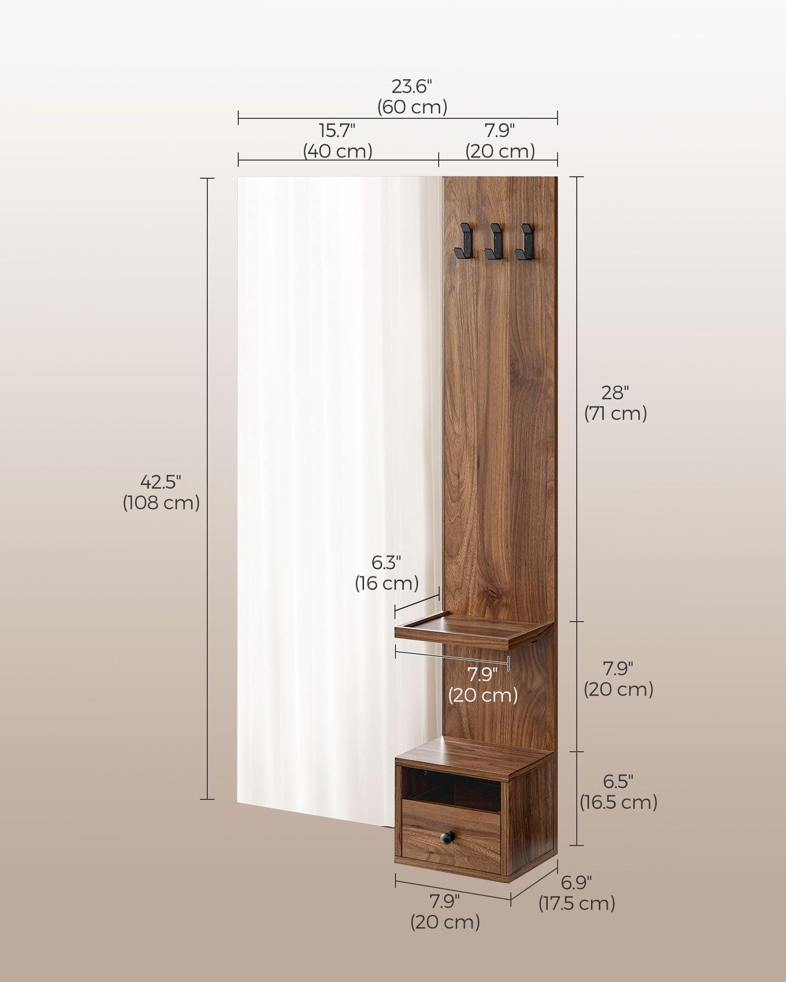 Wall-Mounted Full Length Mirror with Storage Walnut Brown FredCo