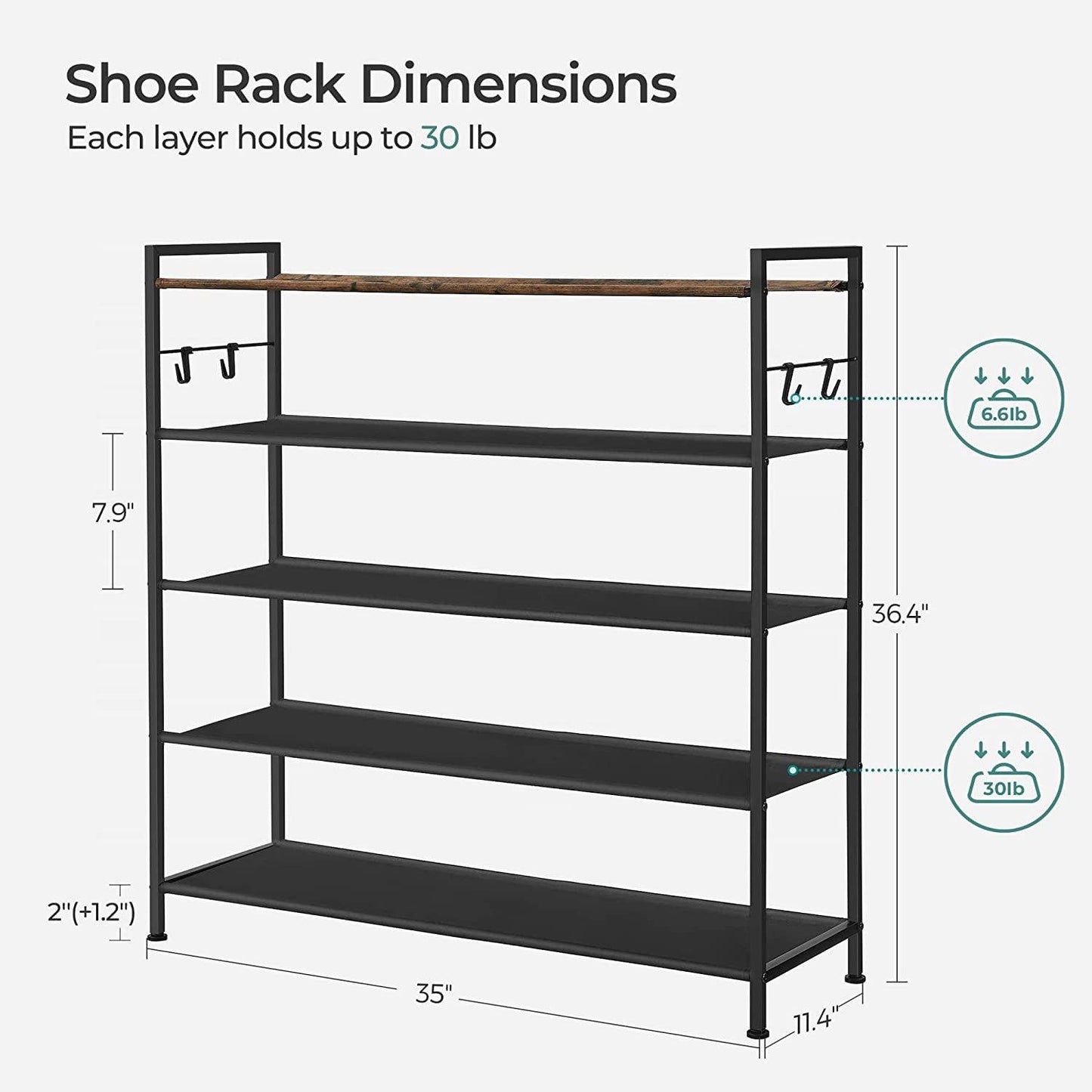 5-Tier Shoe Rack with 4 Hooks FredCo