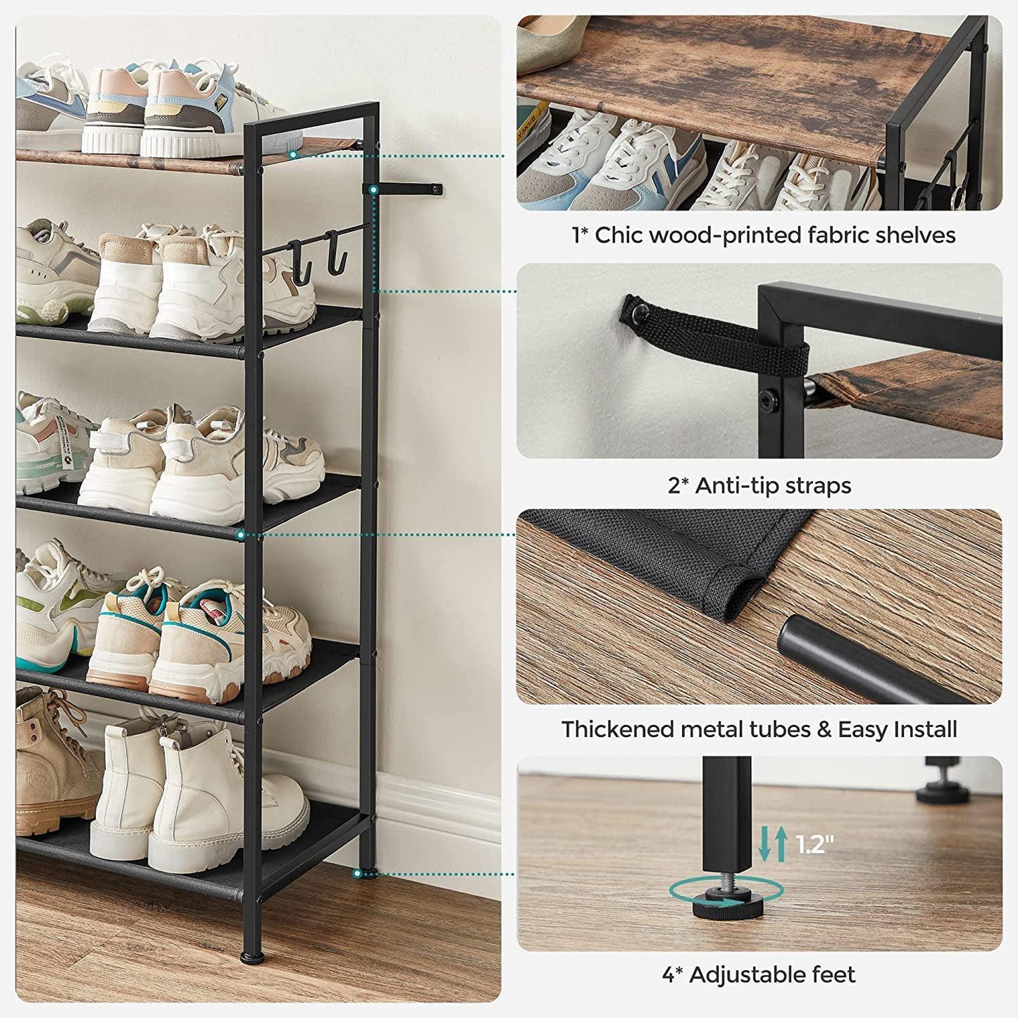 5-Tier Shoe Rack with 4 Hooks FredCo