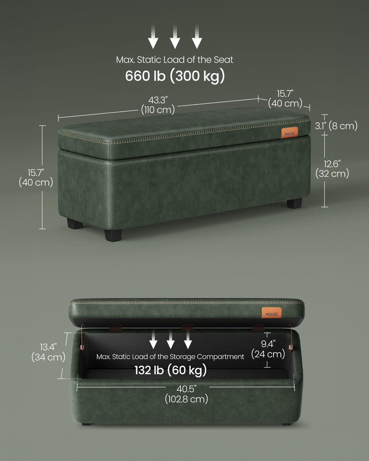 EKHO Collection - Storage Ottoman Bench, Forest Green FredCo