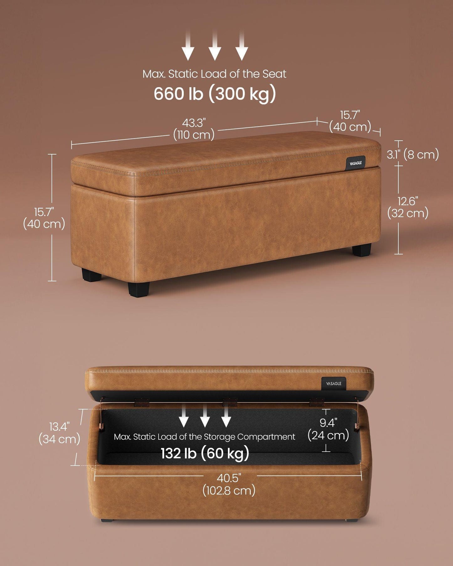 EKHO Collection - Storage Ottoman Bench, Caramel Brown FredCo