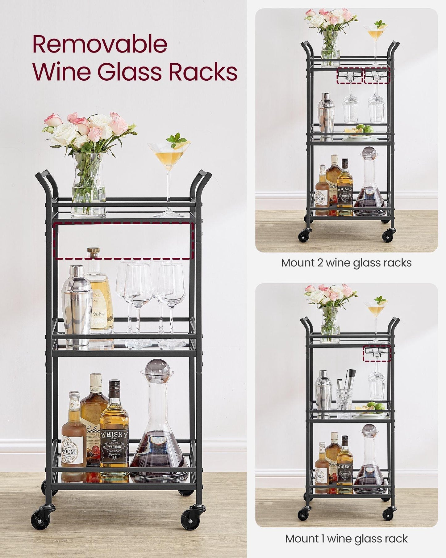 Small Bar Cart With 3-Tier Mirrored Shelf FredCo