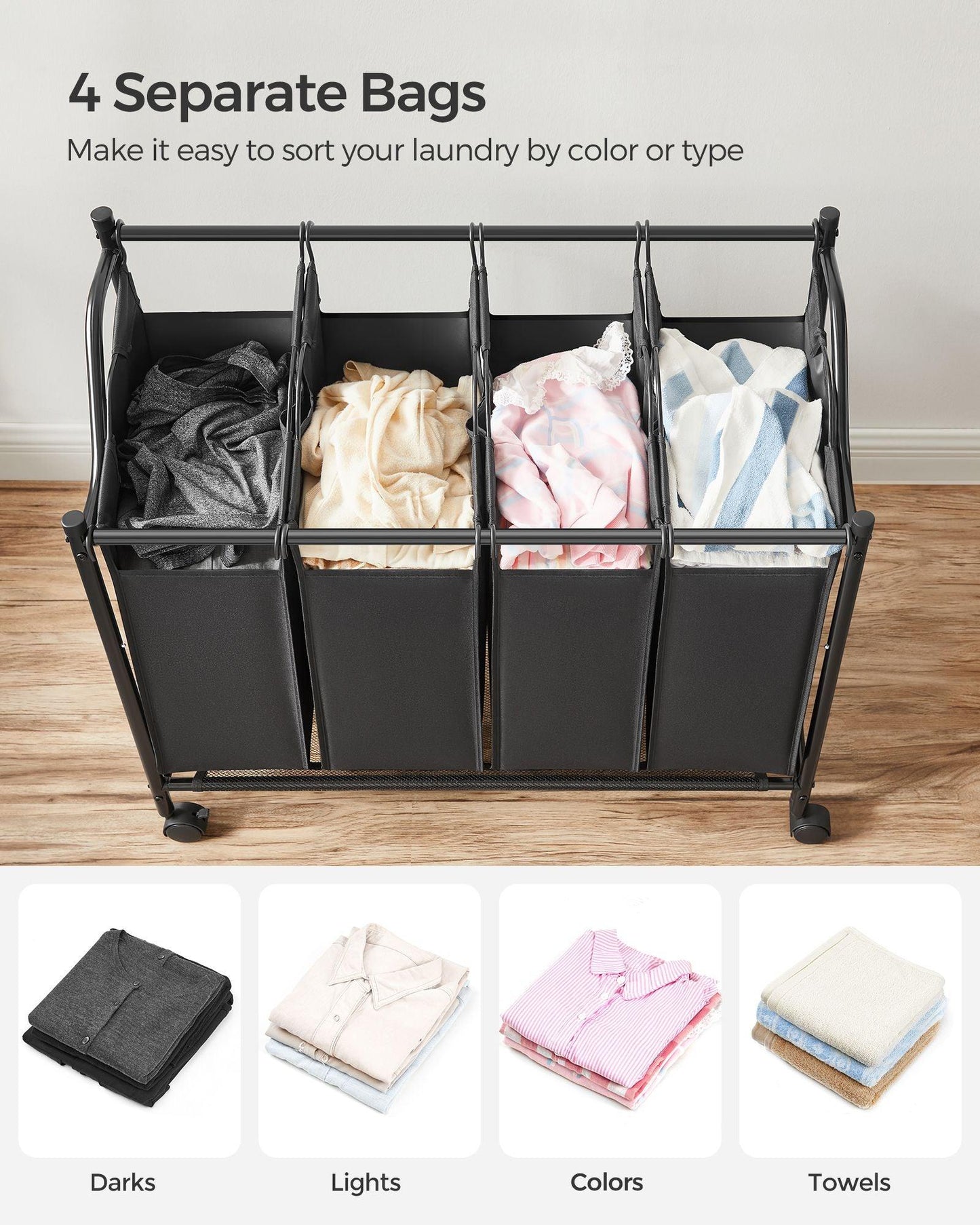 Rolling Laundry Basket with 4 Removable Bags Black FredCo