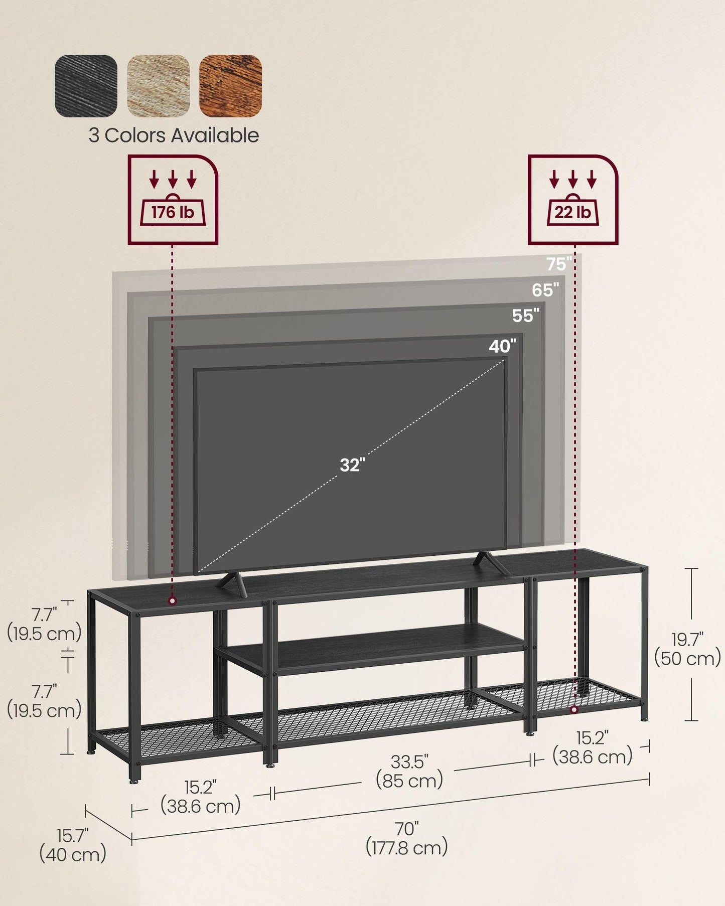 3-Tier TV Stand with Open Storage Shelves FredCo