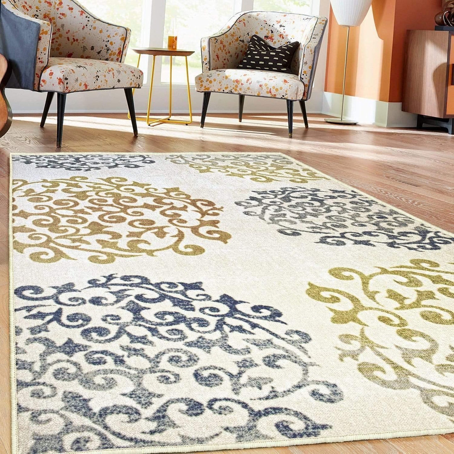 Amber Non-Slip Foldable Modern Floral Medallion Rug FredCo