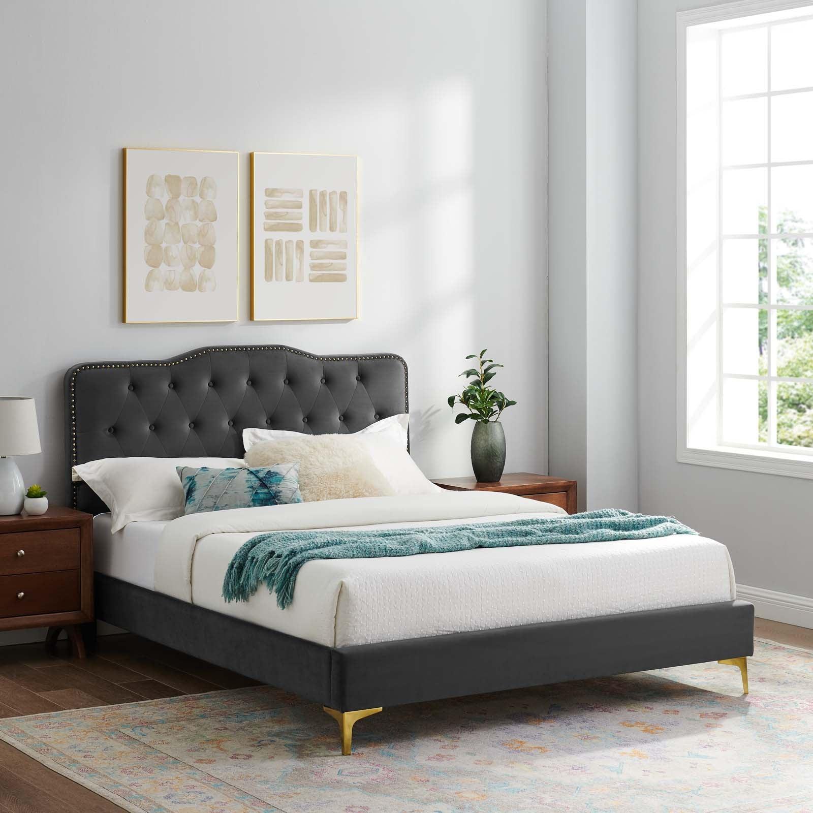 Amber Performance Velvet Queen Platform Bed, MOD-6775 FredCo