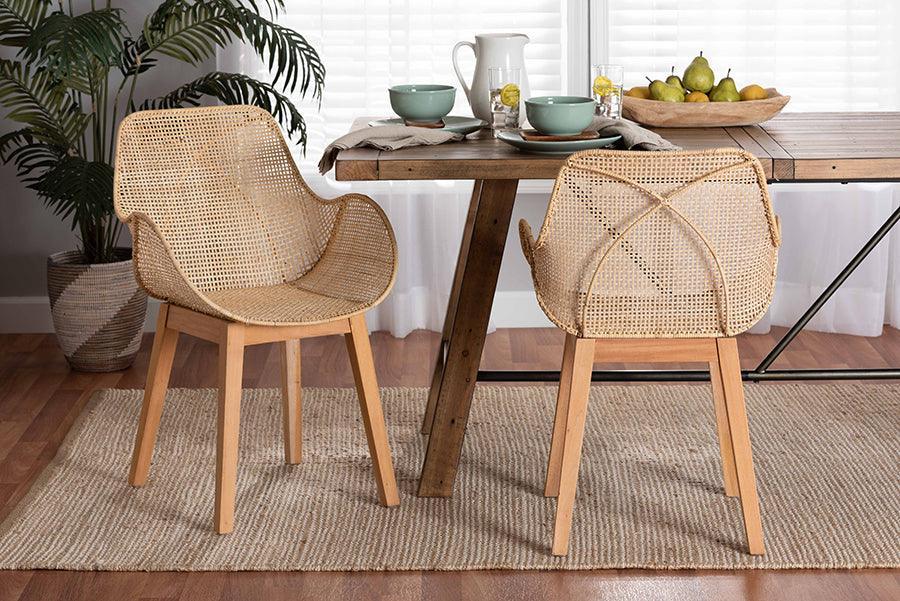 Ballerina Japandi Natural Brown Finished Mahogany Wood and Rattan 2-Piece Dining Chair Set FredCo