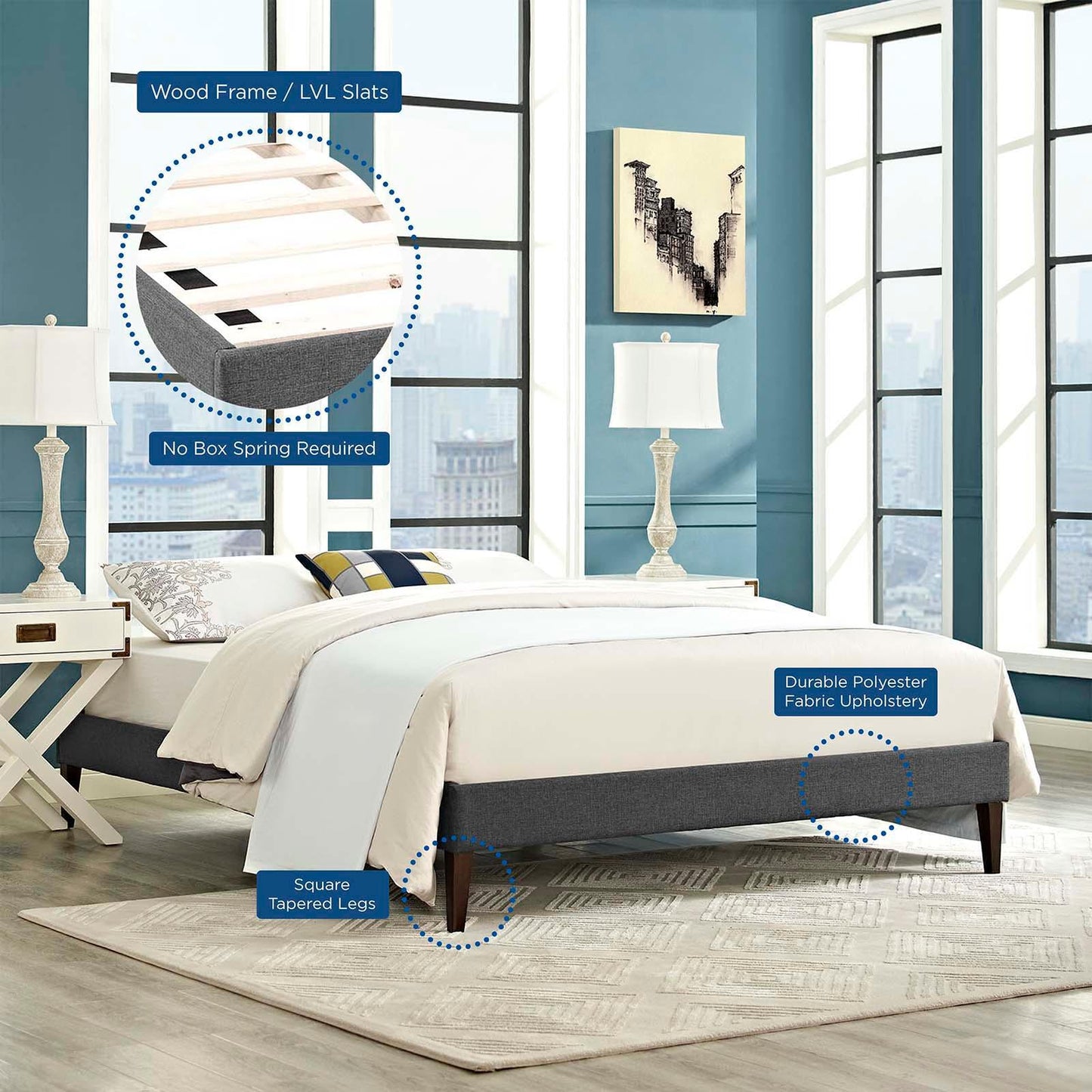 Modway Tessie Full Fabric Bed Frame with Squared Tapered Legs FredCo