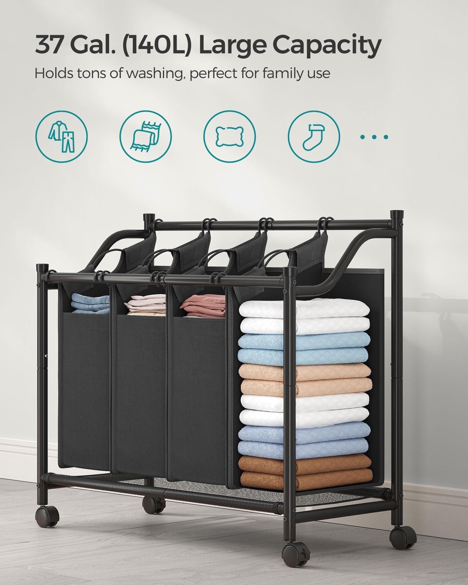 Rolling Laundry Basket with 4 Removable Bags Black FredCo