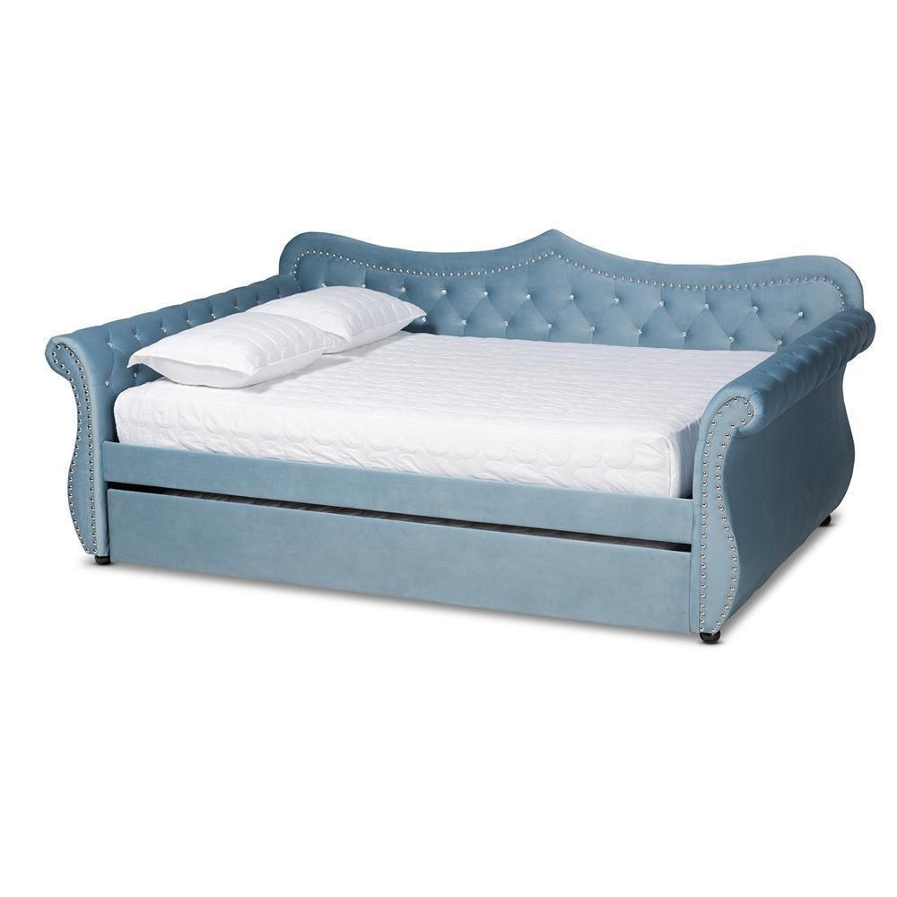 Abbie Traditional and Transitional Light Blue Velvet Fabric Upholstered and Crystal Tufted Full Size Daybed with Trundle FredCo