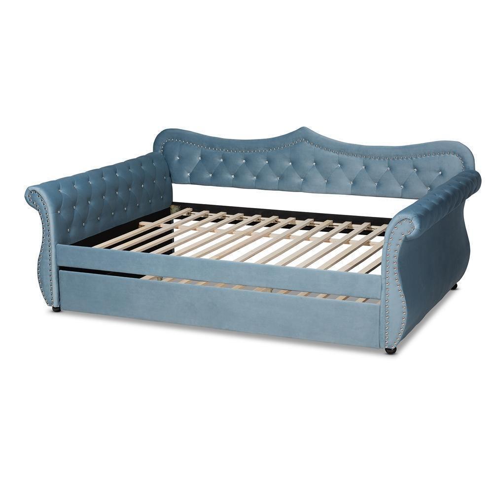 Abbie Traditional and Transitional Light Blue Velvet Fabric Upholstered and Crystal Tufted Full Size Daybed with Trundle FredCo