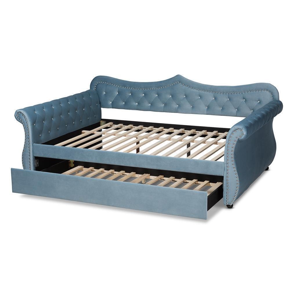 Abbie Traditional and Transitional Light Blue Velvet Fabric Upholstered and Crystal Tufted Full Size Daybed with Trundle FredCo