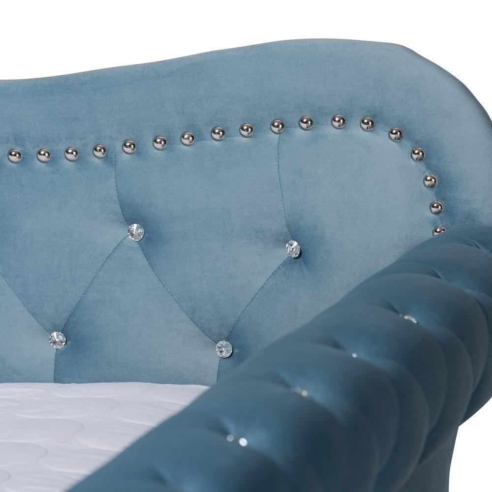 Abbie Traditional and Transitional Light Blue Velvet Fabric Upholstered and Crystal Tufted Full Size Daybed with Trundle FredCo