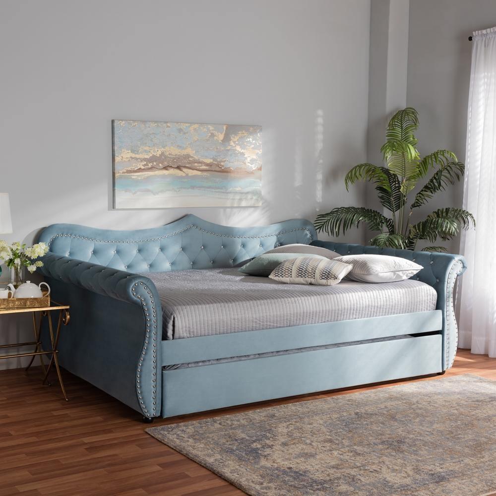 Abbie Traditional and Transitional Light Blue Velvet Fabric Upholstered and Crystal Tufted Full Size Daybed with Trundle FredCo