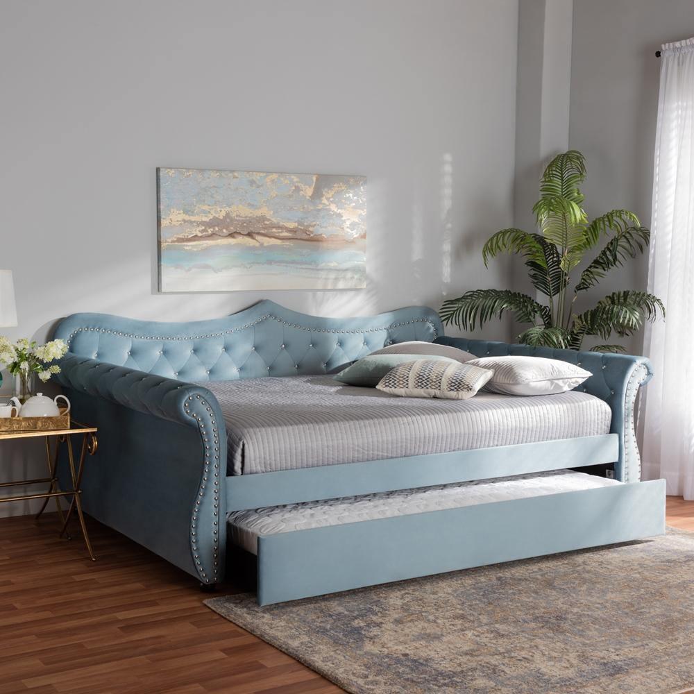 Abbie Traditional and Transitional Light Blue Velvet Fabric Upholstered and Crystal Tufted Full Size Daybed with Trundle FredCo