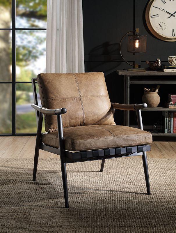 ACME Anzan Accent Chair, Berham Chestnut Top Grain Leather & Matt Iron Finish FredCo