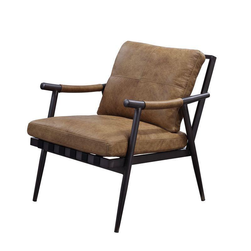 ACME Anzan Accent Chair, Berham Chestnut Top Grain Leather & Matt Iron Finish FredCo