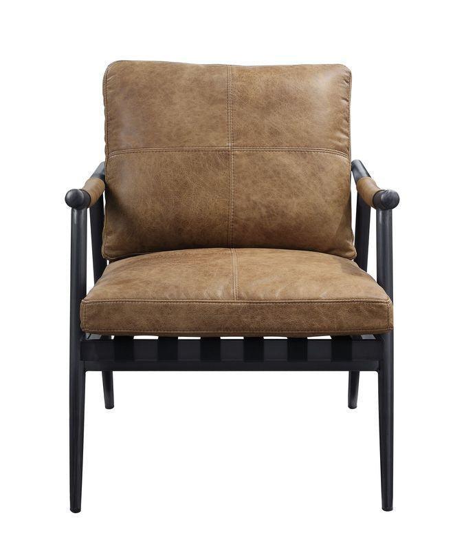 ACME Anzan Accent Chair, Berham Chestnut Top Grain Leather & Matt Iron Finish FredCo