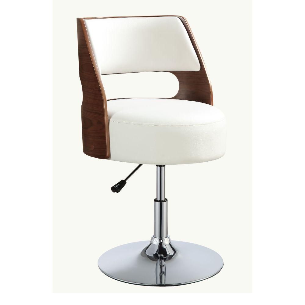 ACME Camila Adjustable Stool w/Swivel (1Pc), White PU & Walnut, 19"~23" Seat Height FredCo