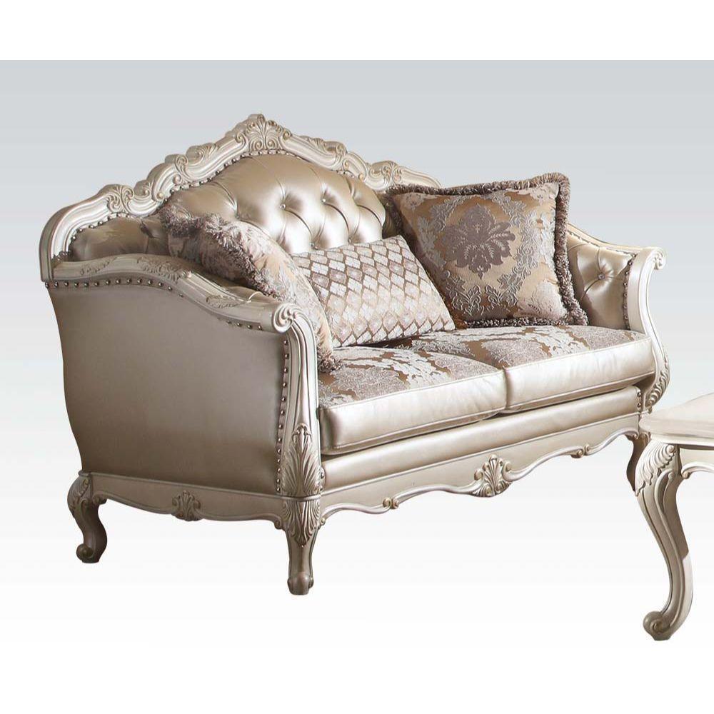 ACME Chantelle Loveseat w/3 Pillows, Rose Gold PU/Fabric & Pearl White FredCo