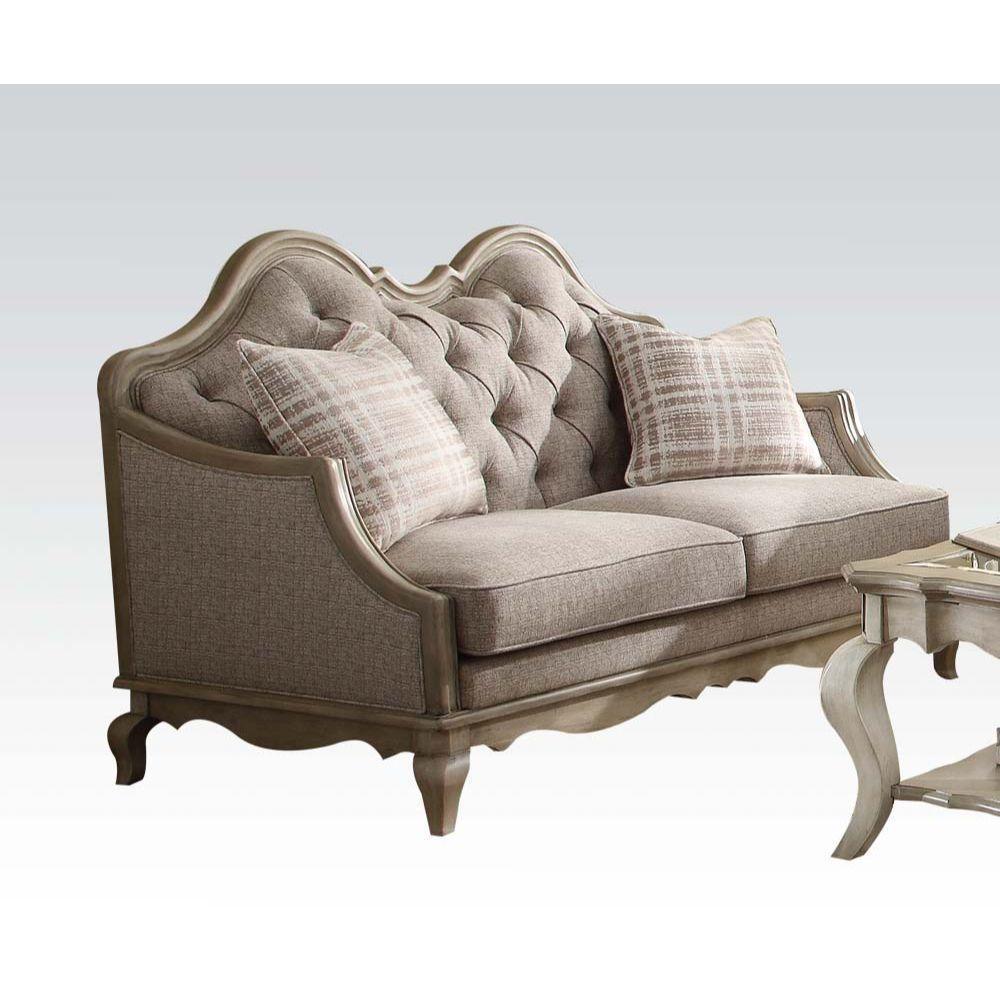 ACME Chelmsford Loveseat w/2 Pillows, Beige Fabric & Antique Taupe FredCo