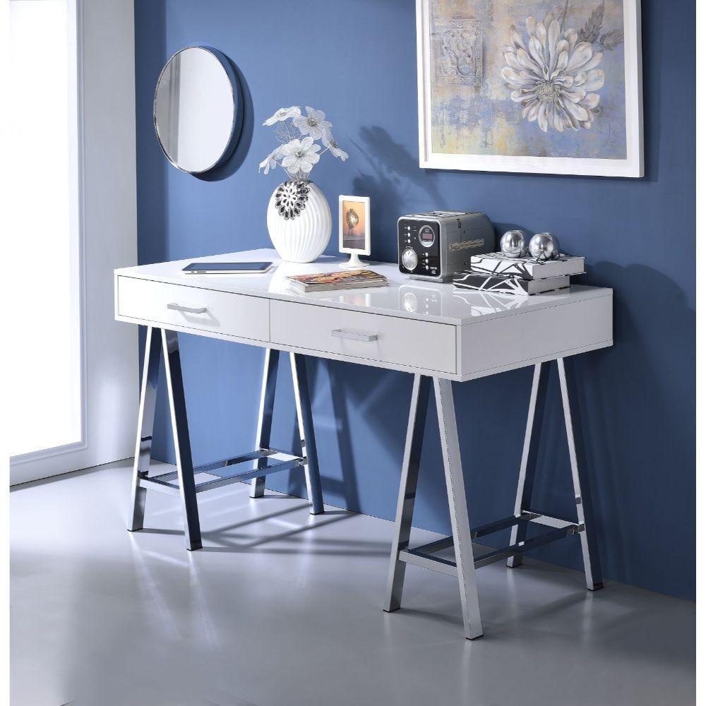 ACME Coleen Desk, White High Gloss & Chrome FredCo