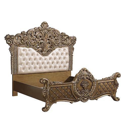 ACME Constantine Eastern King Bed, Pu Leather, Light Gold, Brown & Gold Finish FredCo