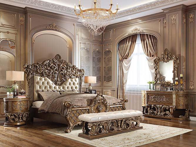 ACME Constantine Eastern King Bed, Pu Leather, Light Gold, Brown & Gold Finish FredCo