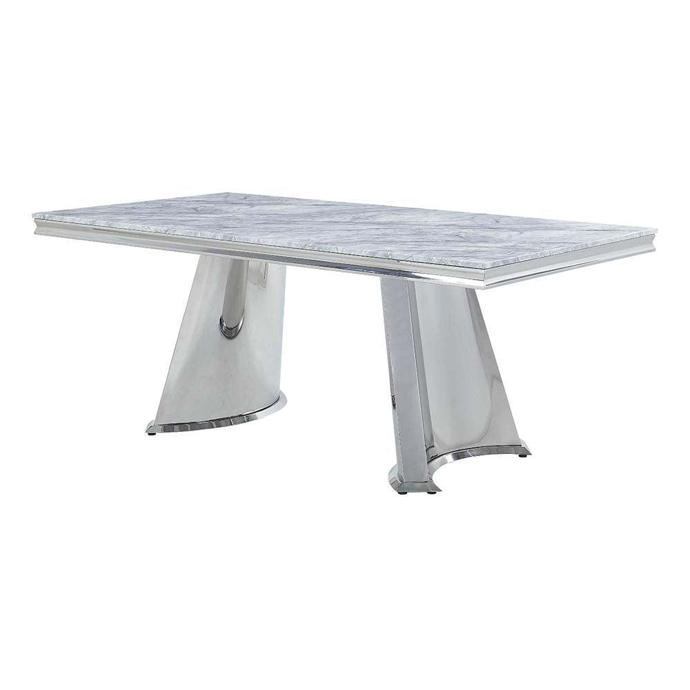 ACME Destry Dining Table, Faux Marble Top & Mirrored Silver Finish FredCo