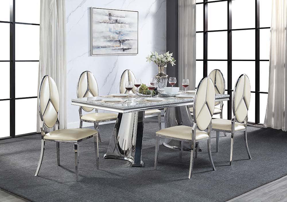 ACME Destry Dining Table, Faux Marble Top & Mirrored Silver Finish FredCo