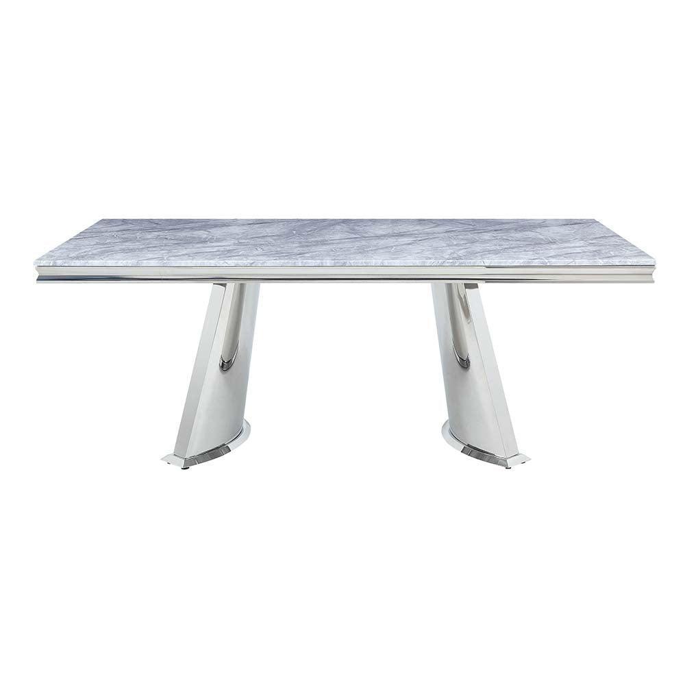 ACME Destry Dining Table, Faux Marble Top & Mirrored Silver Finish FredCo