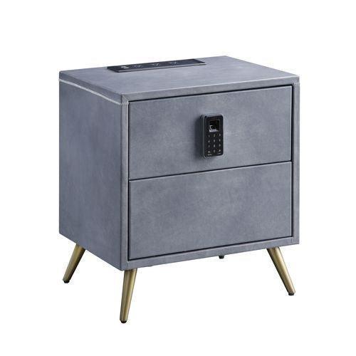 ACME Doris Nightstand w/USB Port & Electric Lock, Gray Top Grain Leather FredCo