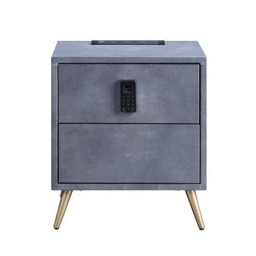 ACME Doris Nightstand w/USB Port & Electric Lock, Gray Top Grain Leather FredCo