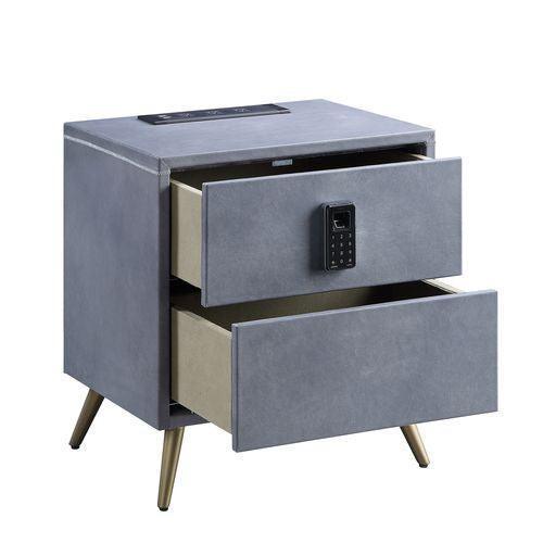 ACME Doris Nightstand w/USB Port & Electric Lock, Gray Top Grain Leather FredCo