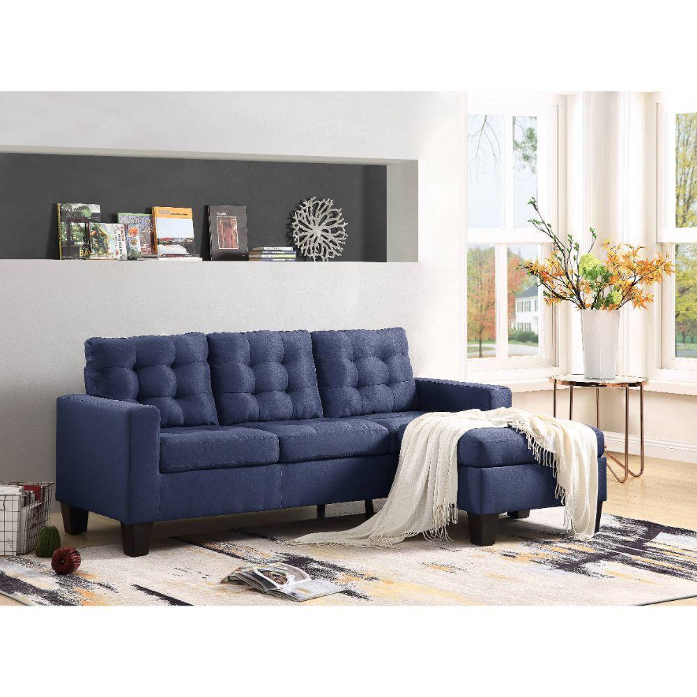 ACME Earsom Sofa and Ottoman, Blue Linen FredCo