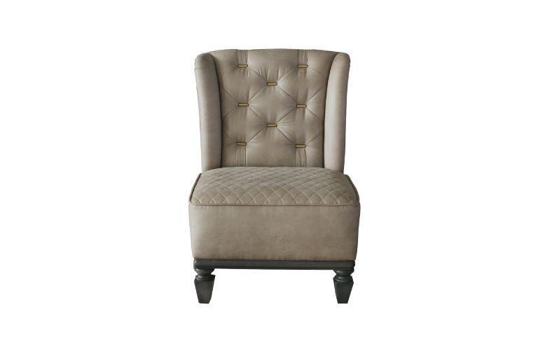 ACME House Marchese Accent Chair w/Pillow, Two Tone Beige Fabric & Tobacco Finish FredCo