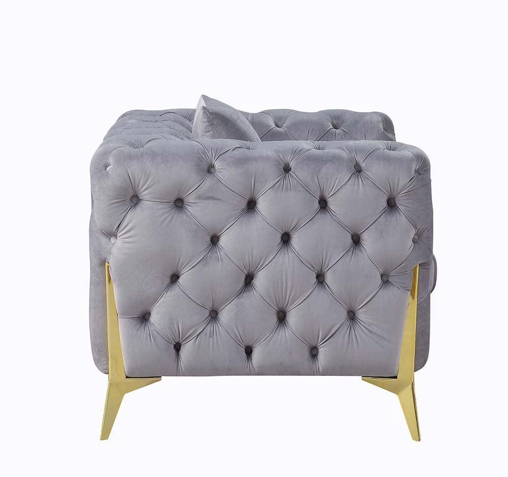 ACME Jelanea Sofa w/2 Pillows, Gray Velvet & Gold Finish FredCo