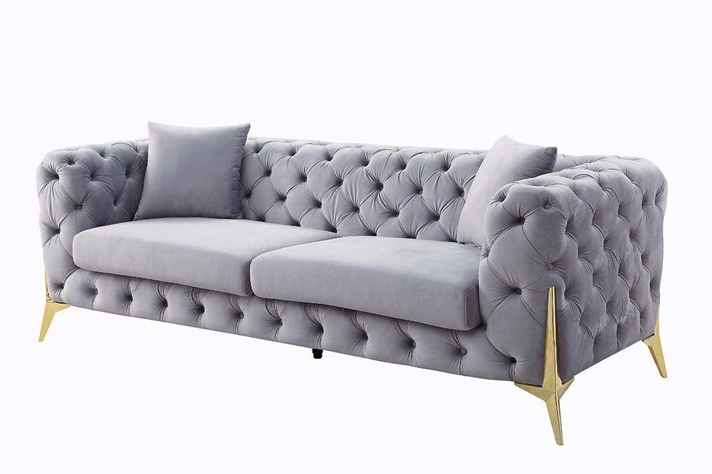 ACME Jelanea Sofa w/2 Pillows, Gray Velvet & Gold Finish FredCo