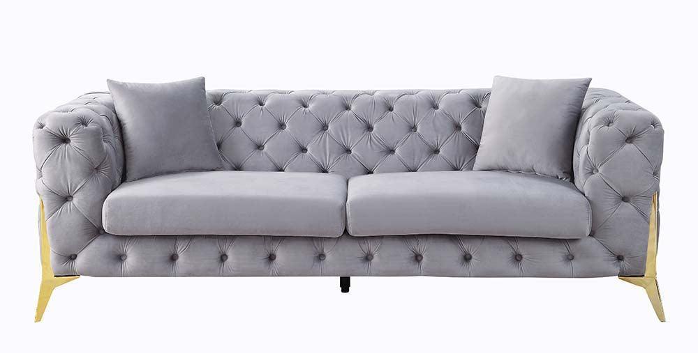 ACME Jelanea Sofa w/2 Pillows, Gray Velvet & Gold Finish FredCo