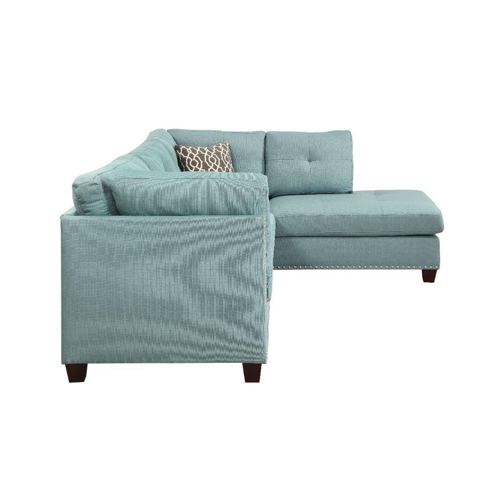 ACME Laurissa Sectional Sofa & Ottoman (2 Pillows), Light Teal Linen 54395 FredCo