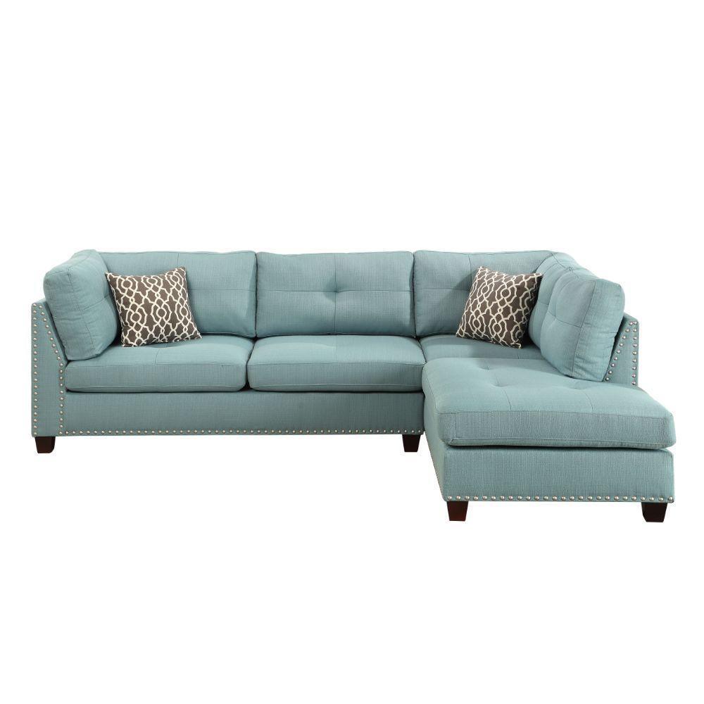 ACME Laurissa Sectional Sofa & Ottoman (2 Pillows), Light Teal Linen 54395 FredCo